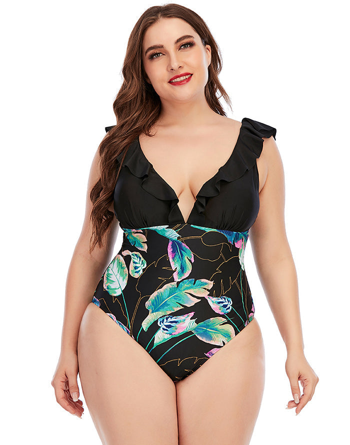 Black V-Neck Ruffle One Piece Swimsuit