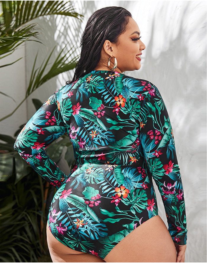 OmbreSwim - Palm Leaves Color High Neckline Long Sleeve Zipper One Piece Swimsuit