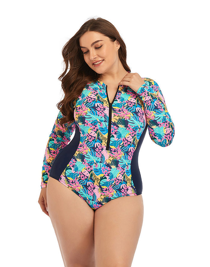 OmbreSwim - Multicolor High Neckline Zip Long Sleeve One Piece Swimsuit