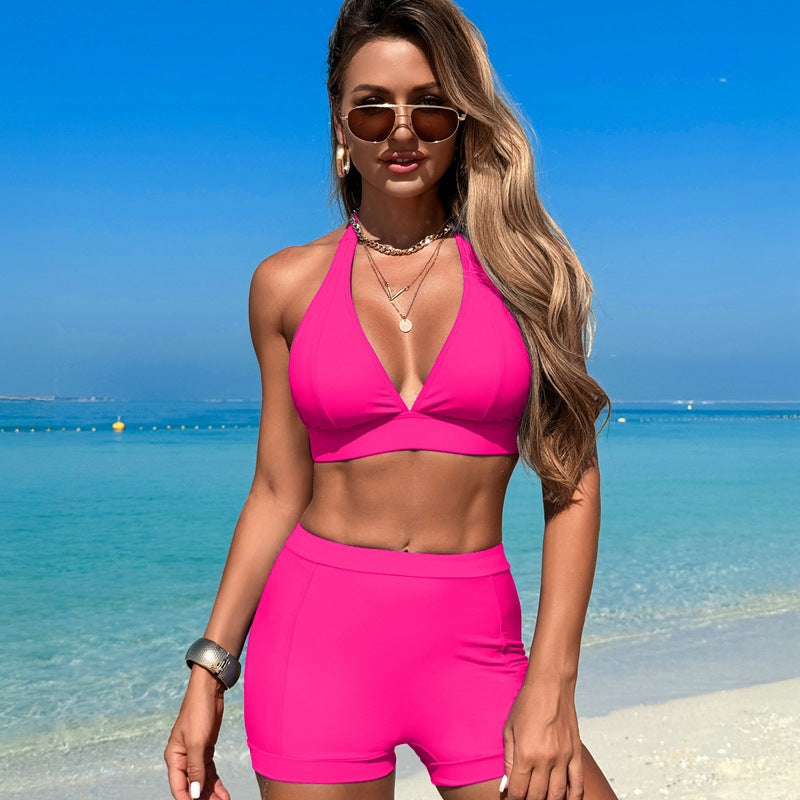 OmbreSwim - Women's Bikini Sets Trim 2 Piece High Waisted Swimsuit Halter V Neck Adjustable Drawstring Straps Bathing Suit with Boyshort