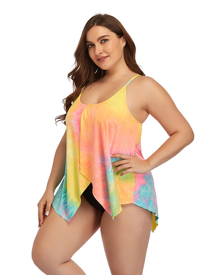 V-Neck Colorful Tie-Dye Plus Size Swimsuit