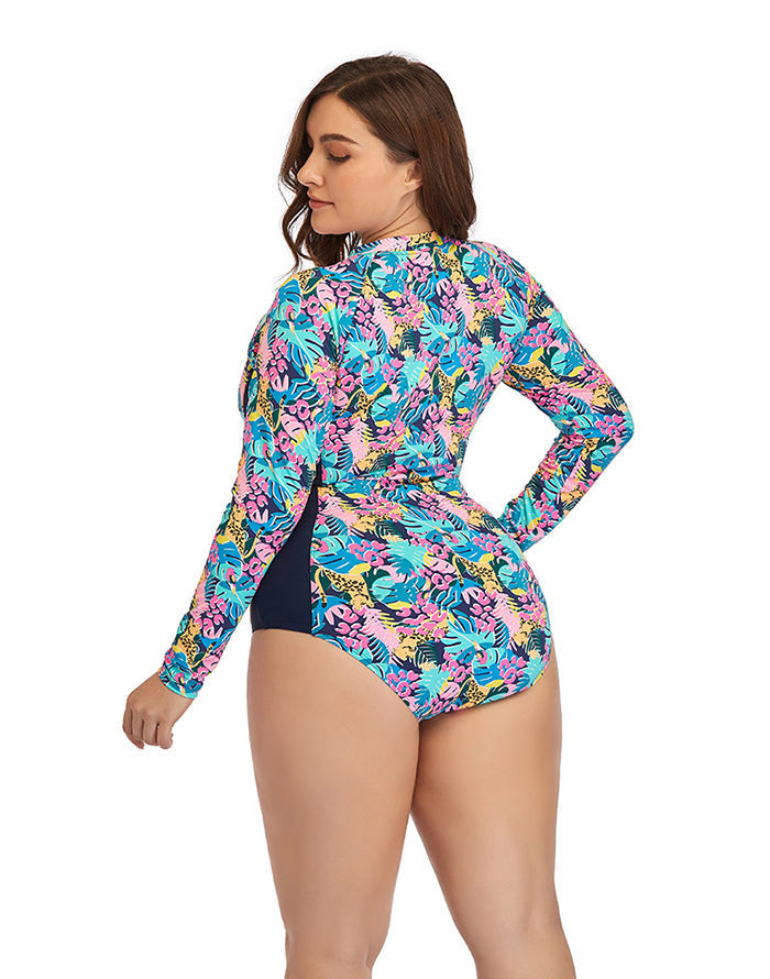 OmbreSwim - Multicolor High Neckline Zip Long Sleeve One Piece Swimsuit