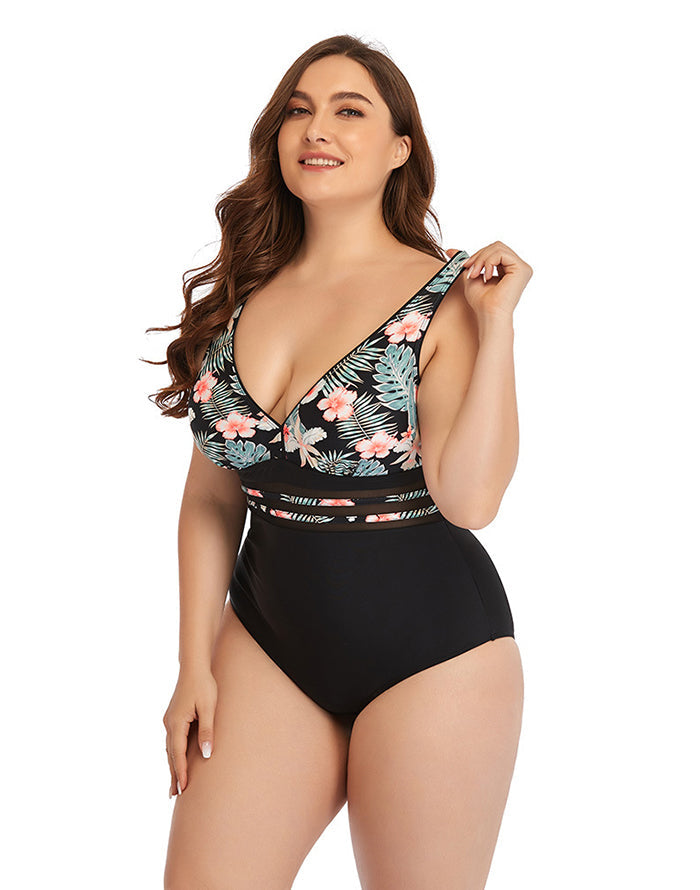 Pink Flower V-Neck Tie One-Piece Swimsuit