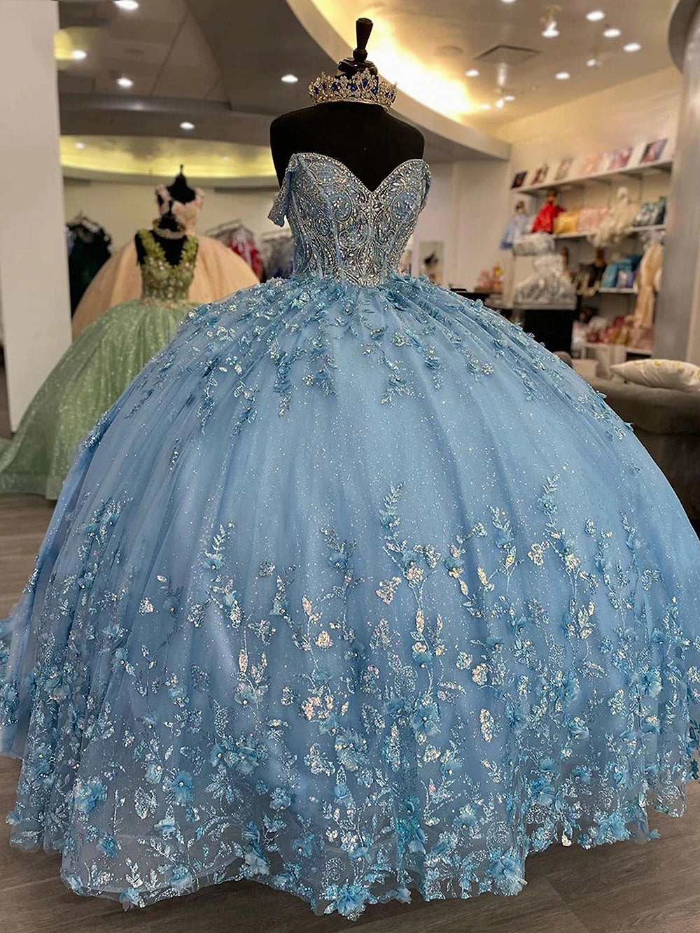 Ball Gown Off Shoulder Tiered 3D Flowers Appliques Light Blue TulleQuinceanera Dresses Princess Formal Evening Party Gown for Sweet 16