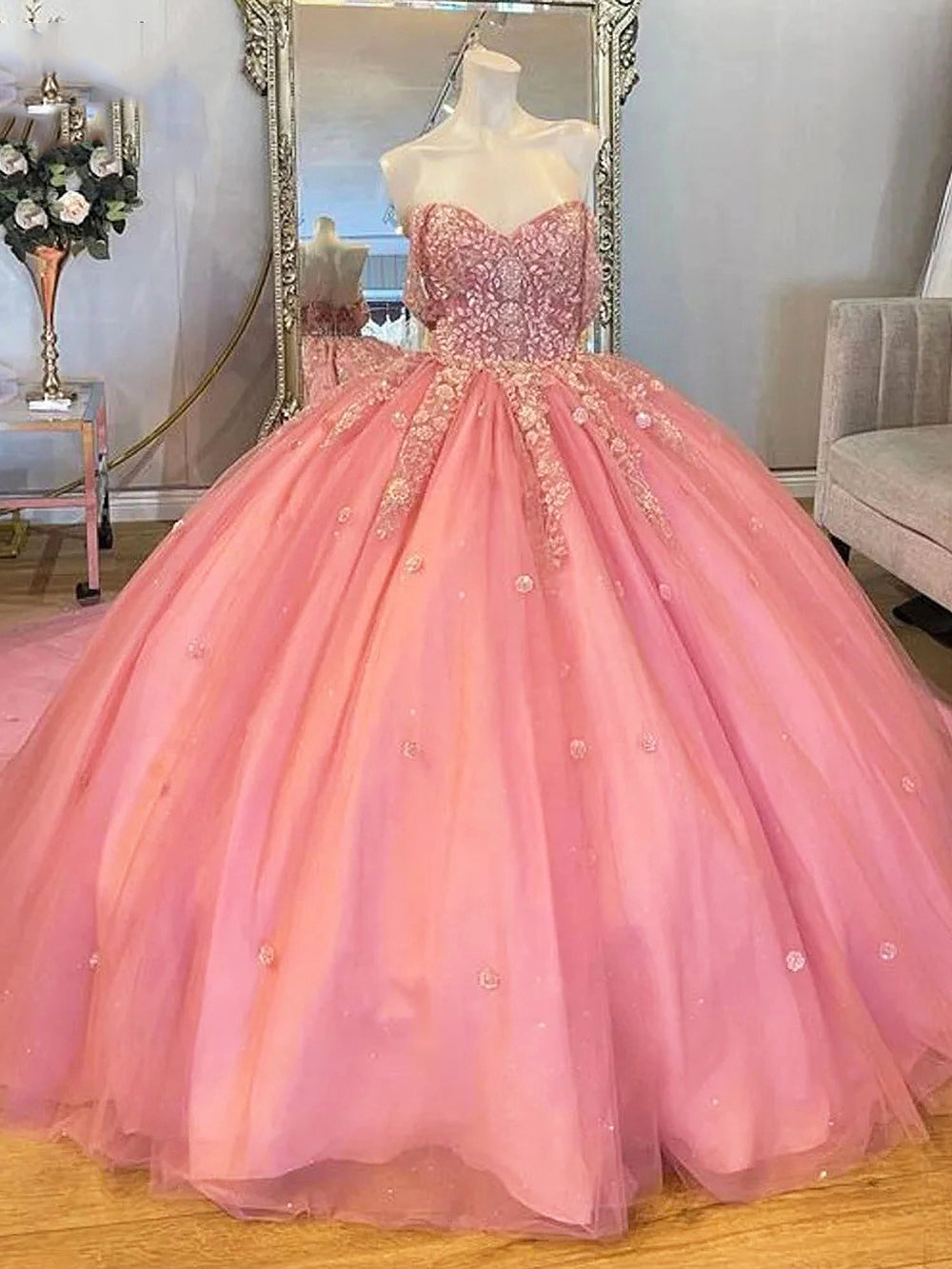 Sparkly & Glitter Ball Gown Off Shoulder Floral Applique Beaded Pink Tulle Quinceanera Dress Birthday Party Gowns for Sweet 16