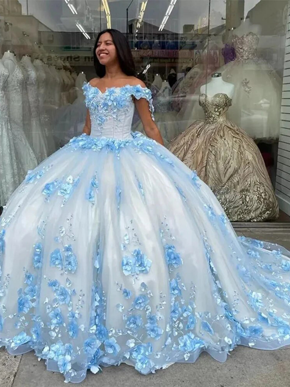 Sky Blue Princess Quinceanera Dresses Off Shoulder Ball Gown 3D Flower