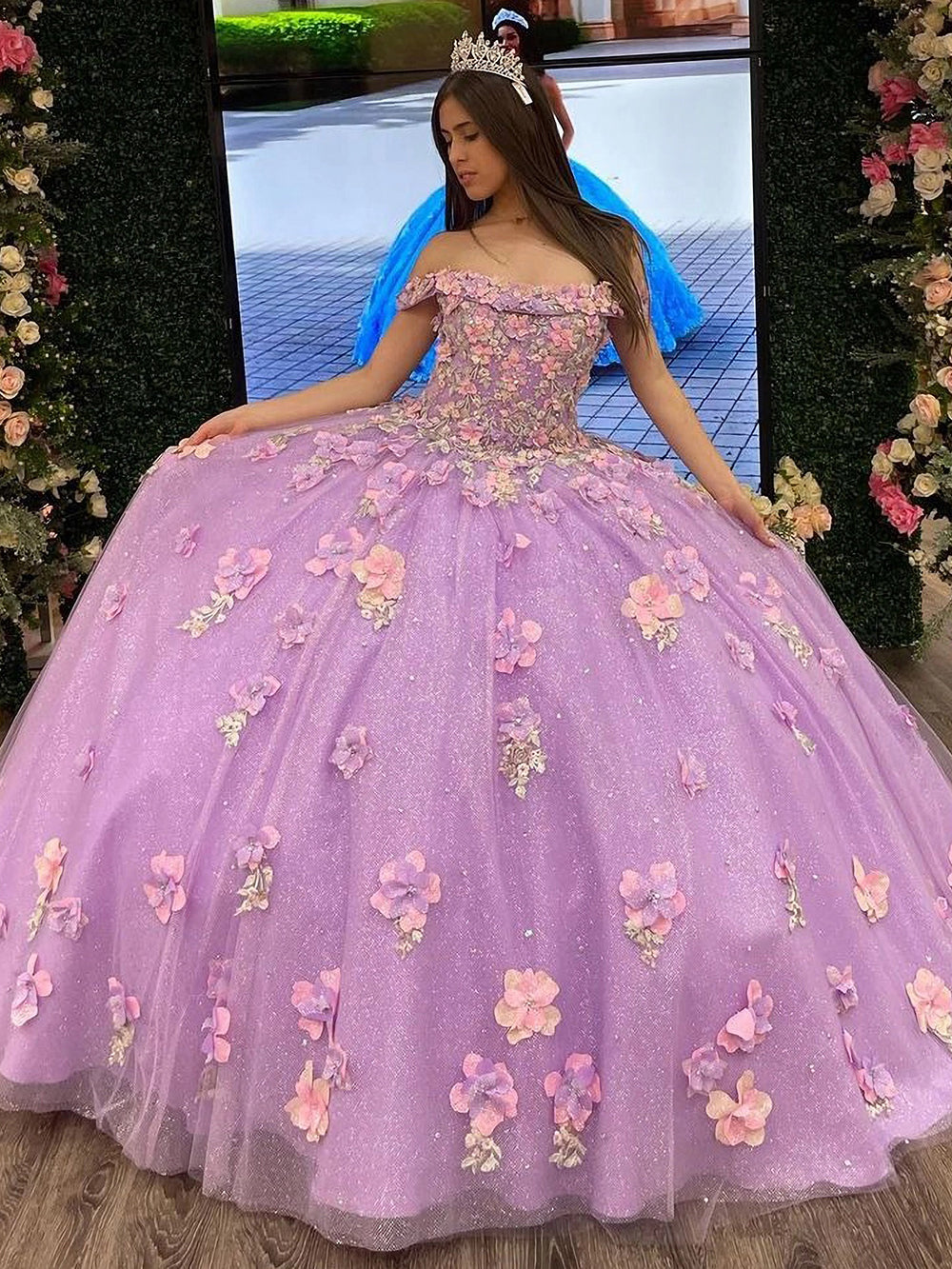 Chic & Modern Ball Gown Off Shoulder 3D Flower Appliques Sequins Lilac Tulle Formal Evening PartyQuinceanera Dress Princess for Sweet 16