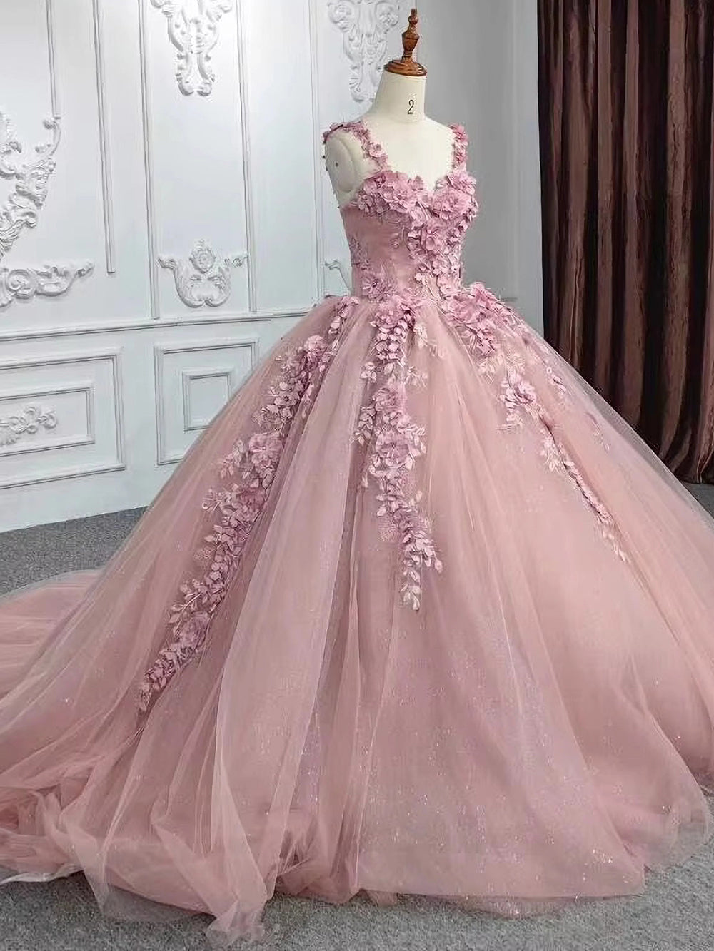 Cute & Chic Ball Gown Off Shoulder Straps 3D Flower Lace Appliques Rose Pink Tulle Quinceanera Dress for Sweet 16