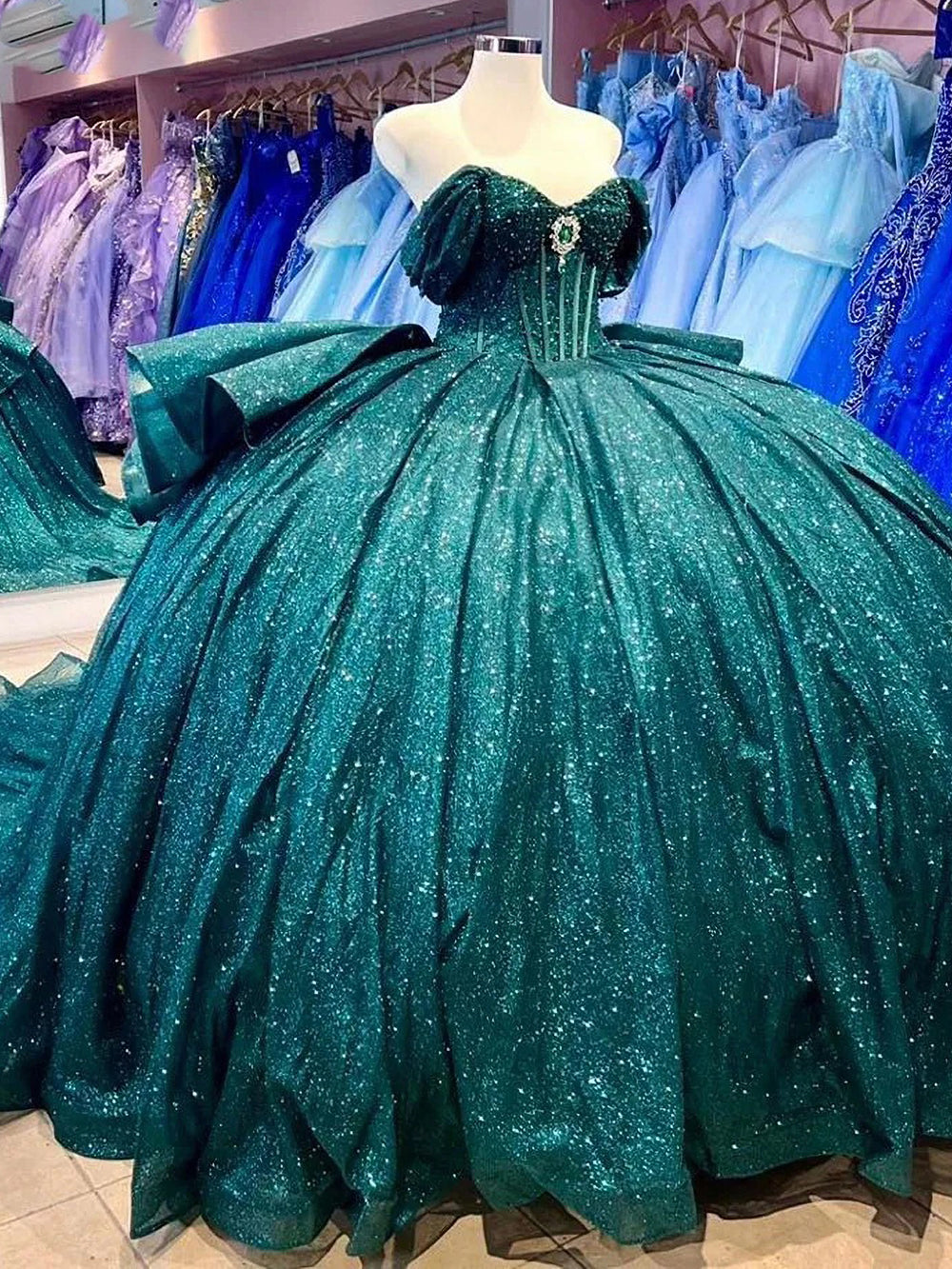 Glitter & Sparkly Ball Gown Off Shoulder Tiered Ruffles Emerald Green Tulle Quinceanera Dress Princess Party Gown for Sweet 16 16 / Emerald