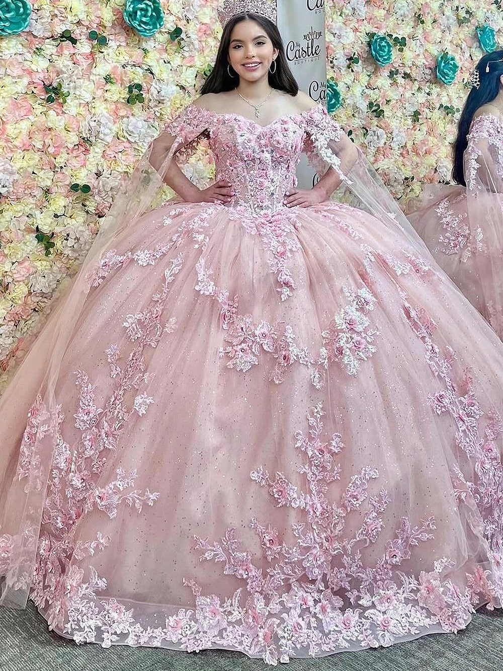 Cute & Chic Ball Gown Off Shoulder Lace Appliques Pink Tulle Princess Birthday Party Gown Quinceanera Dress for Sweet 16