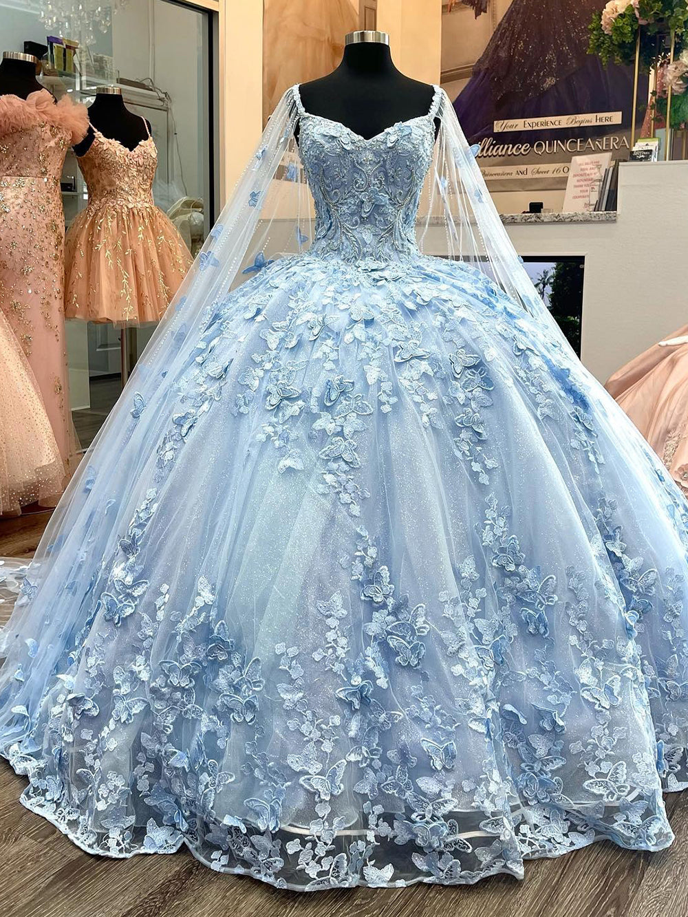 Elegant Ball Gown Off Shoulder 3D Butterfly Lace Appliqued Sky Blue Tulle Quinceanera Dress Princess Cocktail Party Gown Sweet 16