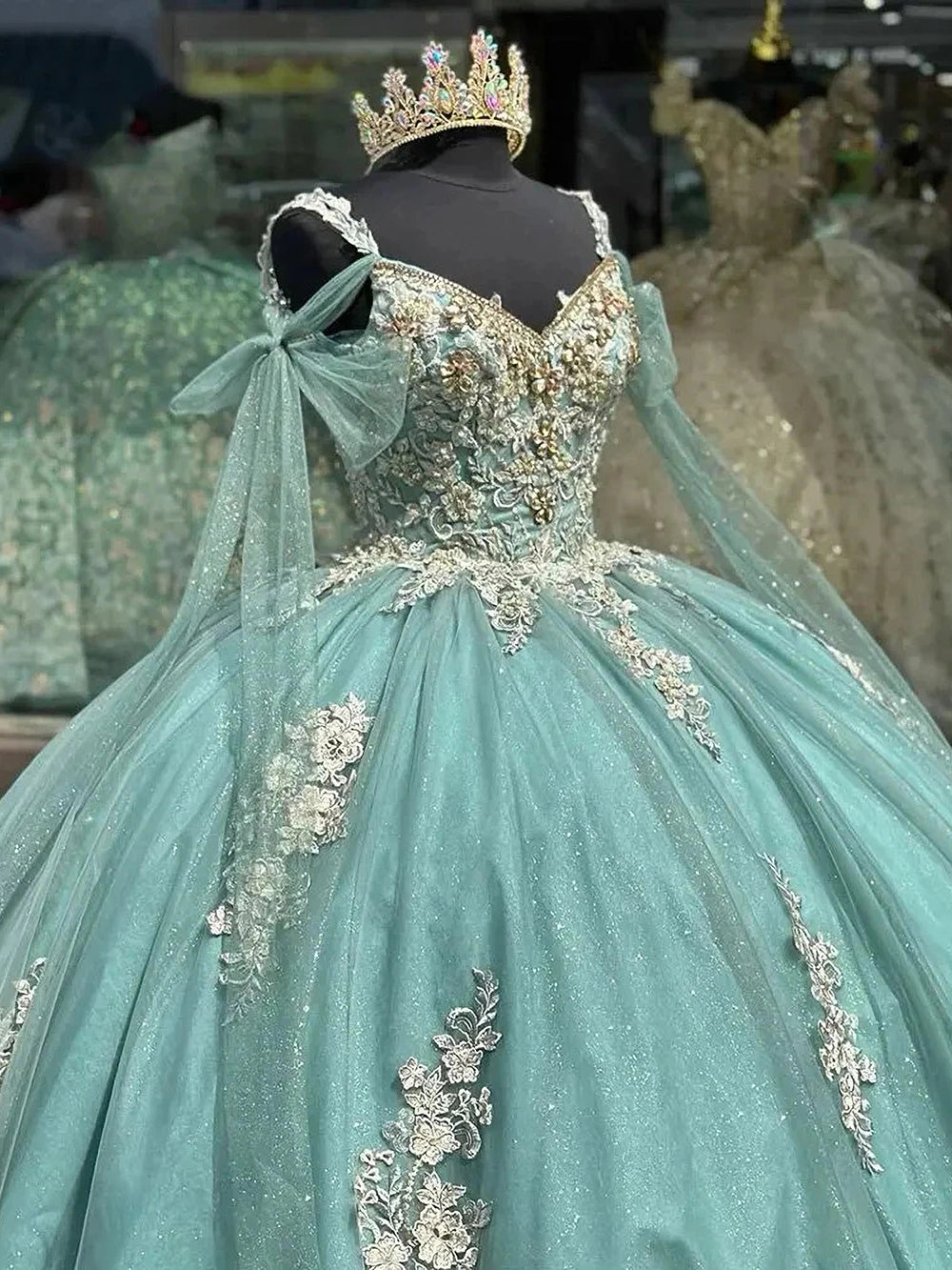 Mint Green Quinceanera Dresses Ball Gown 2024 Glitter Tulle Sweetheart 3D Flowers Lace Appliques Beaded Sweet 16 Dress for Women