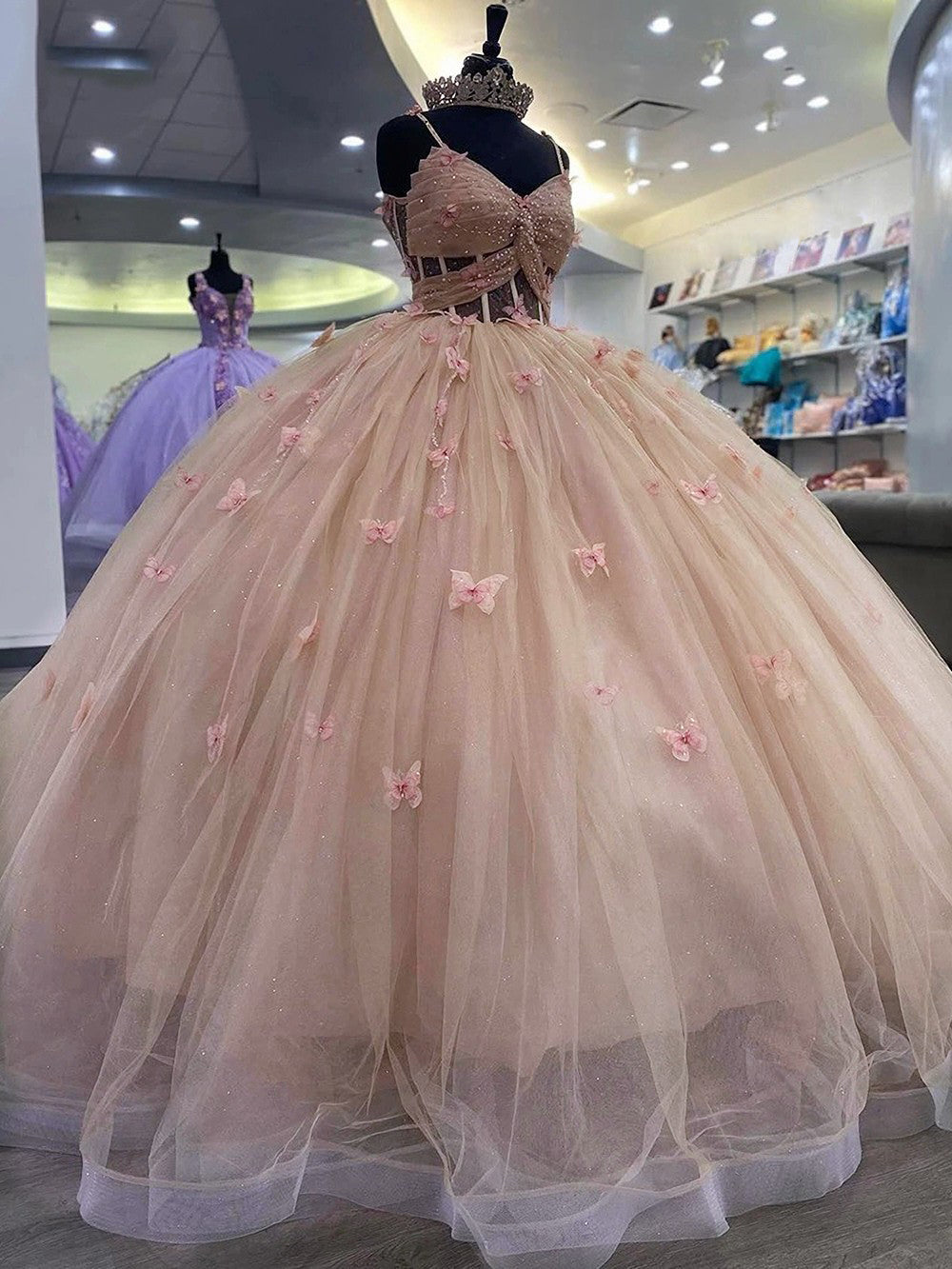 Ball Gown Sweetheart Neck Spaghetti Straps Sleeveless 3D Butterfly Appliques Beaded Dusty Pink Tulle Quinceanera Dress Birthday Party Gowns for Sweet 16