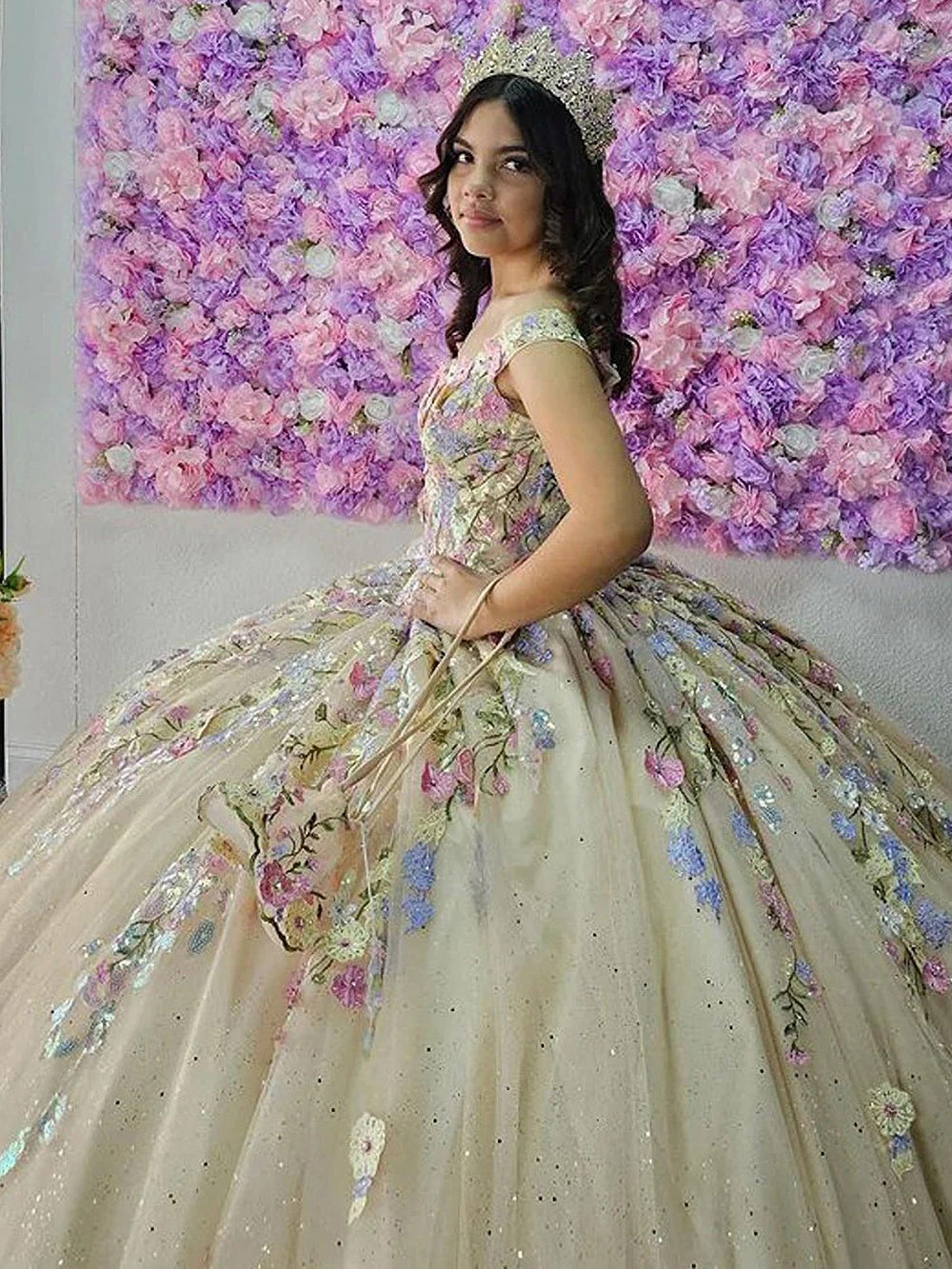 Luxury & Glamorous Ball Gown Off Shoulder 3D Floral Applique Beaded Tulle Quinceanera Dress Birthday Party Gown for Sweet 16