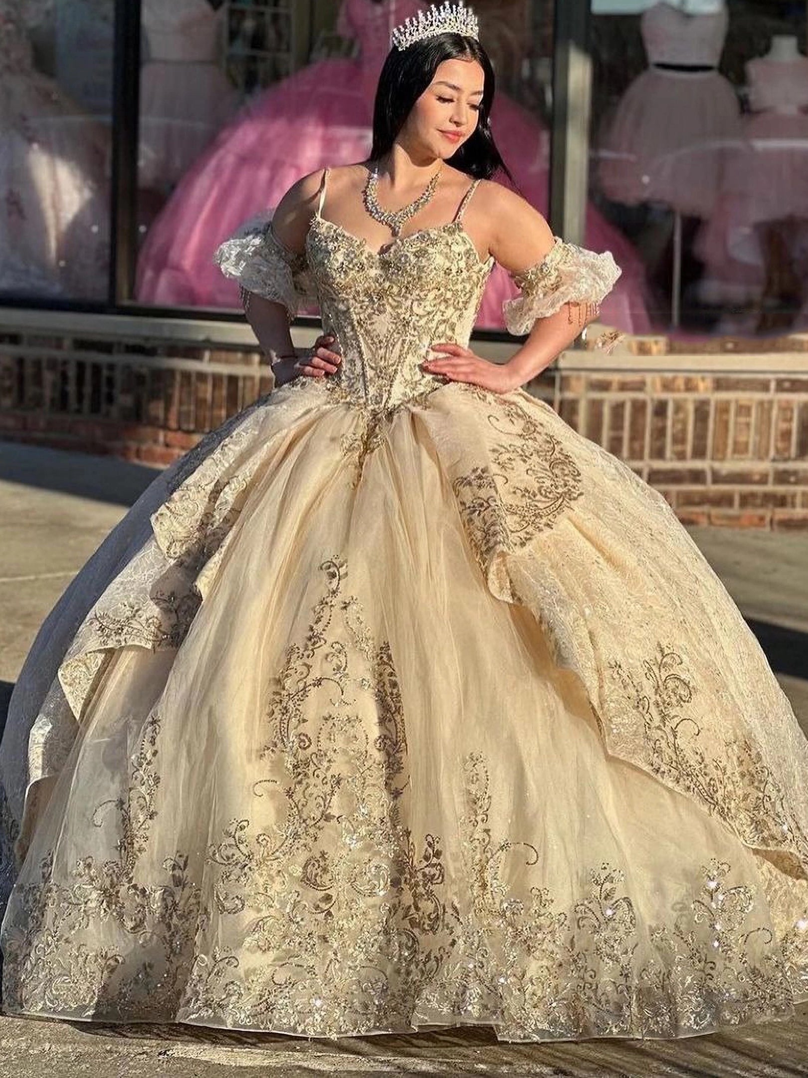 sweet 16 champagne dresses Luxury Ball Gown Sweetheart Neck Detachable Sleeves Lace Appliques Beaded Tiered Quinceanera Dress Birthday Evening Party Dress for Women's Dresses & Jumpsuits Material:Ankara Available in all colors Store_uk