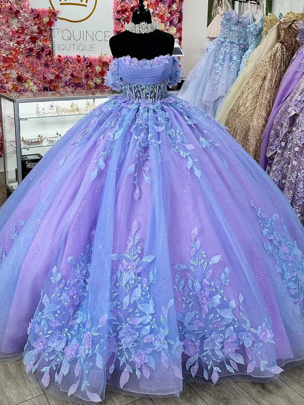 purple and blue quince dresses Luxury & Gorgeous Ball Gown Off Shoulder 3D Floral Lace Appliques Bead $80 Dress Sale TP201238 Silhouette 1920s Embroidered Eastern European Size:CHILD-3T