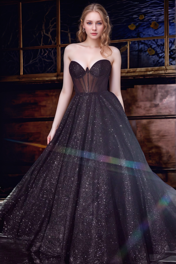 Glitter & Glamorous A-Line Strapless Sleeveless Party Prom Dresses Gown Glitter Tulle Floor Length Pleated Formal Evening Dress Wedding Guest Dress