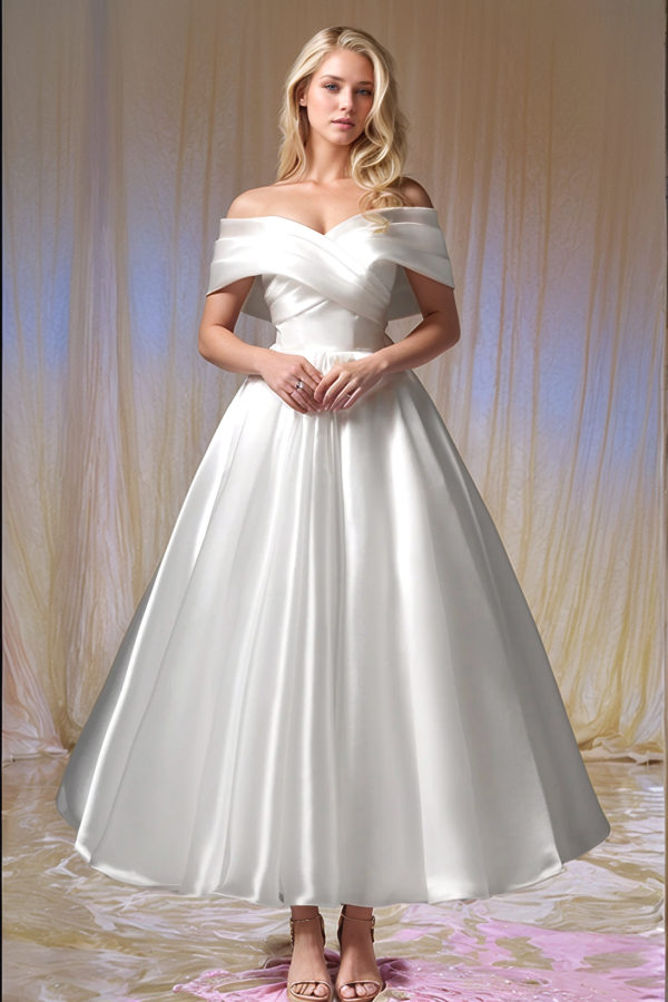 Simple A-Line Off Shoulder Sleeveless Pleated Lace Up Ankle Length Satin Wedding Dress Bride Gown