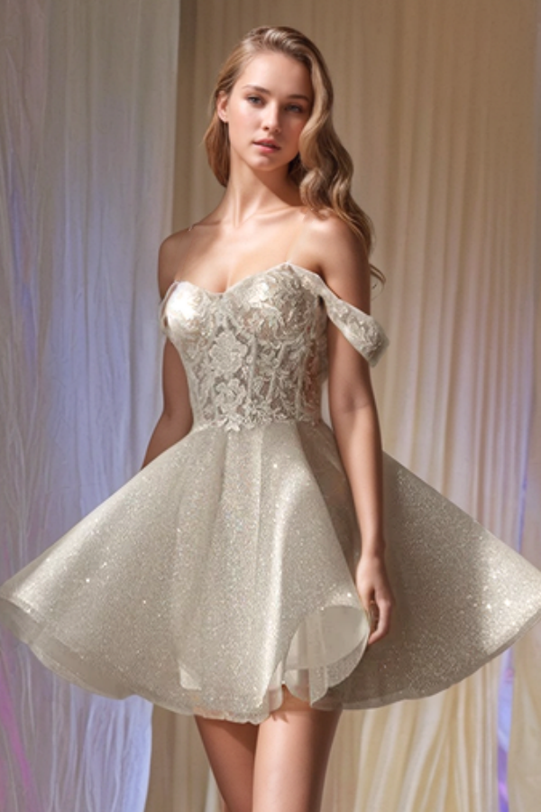 Sparkly A-Line Off Shoulder Sleeveless Appliques Glitter Tulle Lace Up Knee Length Mini Wedding Dress Bride Gown