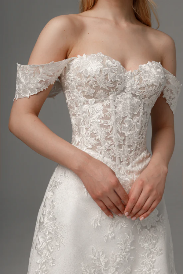 Elegant A-Line Off Shoulder Sleeveless Fully Appliques Lace Up Knee Length Mini Wedding Gown Bride Dress