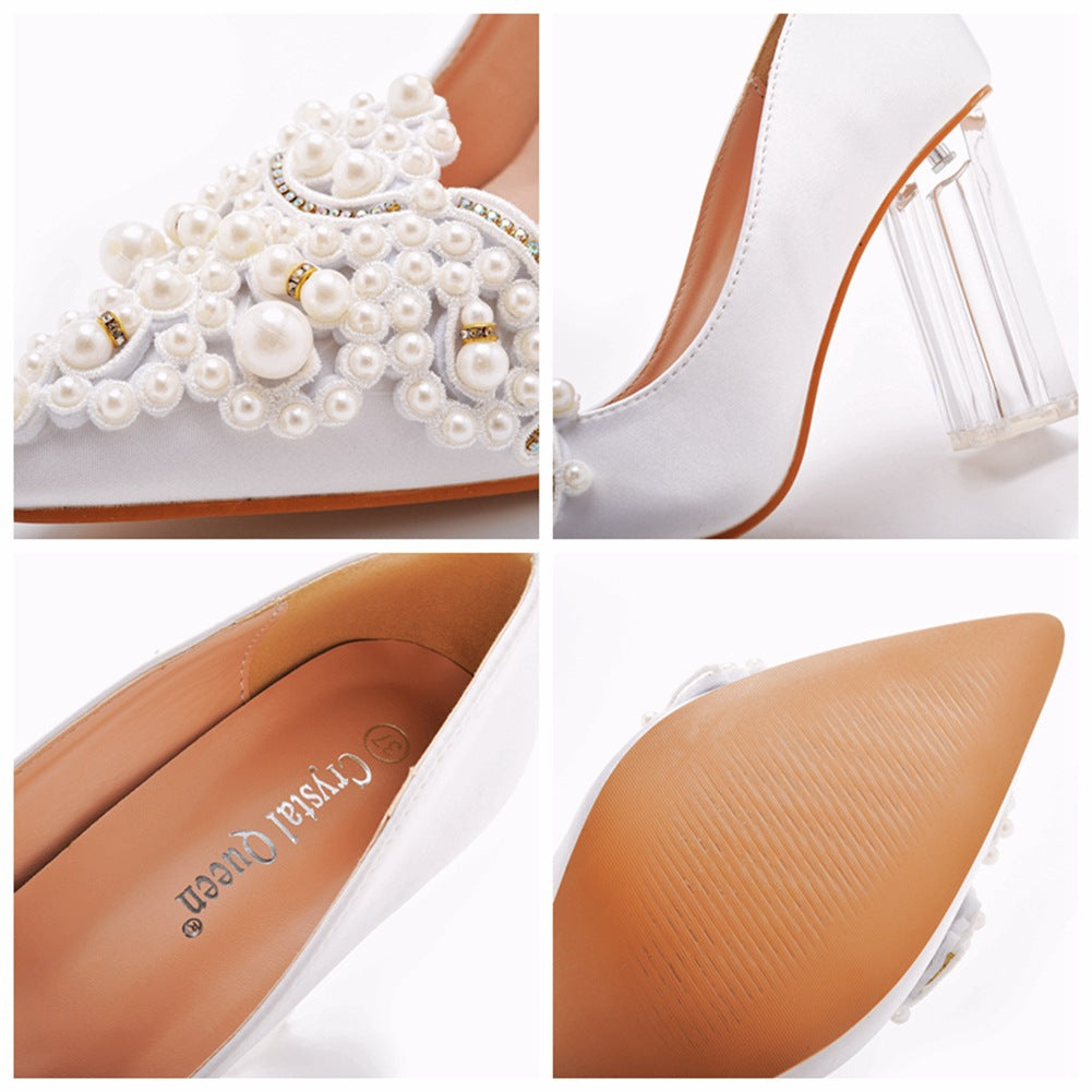 Women's Wedding Shoes Point Toe White Pearl Satin High Heels