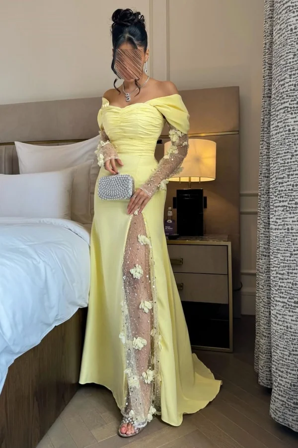 Modern & Chic Sheath Off Shoulder Long Tulle Sleeves Floor Length Prom Dresses Party Dress 3D Flowers Sequins Yellow Tulle Formal Evening Gown Wedding Guest Dress