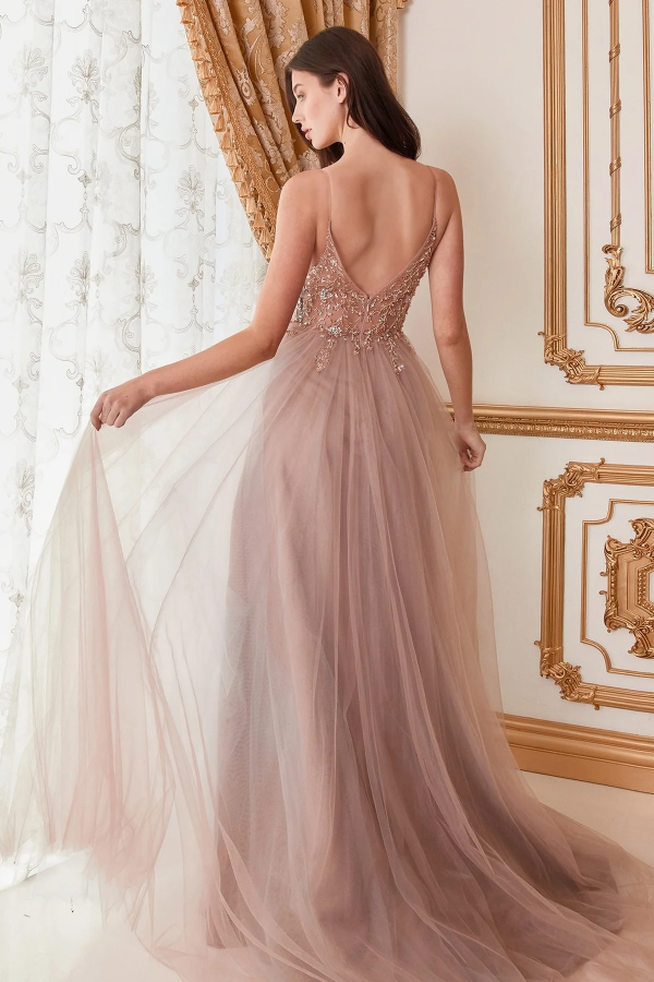Elegant A-Line Low V Neck Spaghetti Straps Sleeveless Appliques Beaded Prom Dresses Party Dress Open Back High Side Slit Formak Evening Dress Cocktail Dress