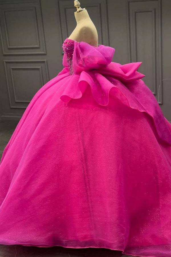 Ball Gown Off Shoulder Sleeveless Beaded Crystal Pleated Lace Up Bow Knot Corset Sparkly Fuchsia Tulle Quinceanera Dress Birthday Party Gown for Sweet 16