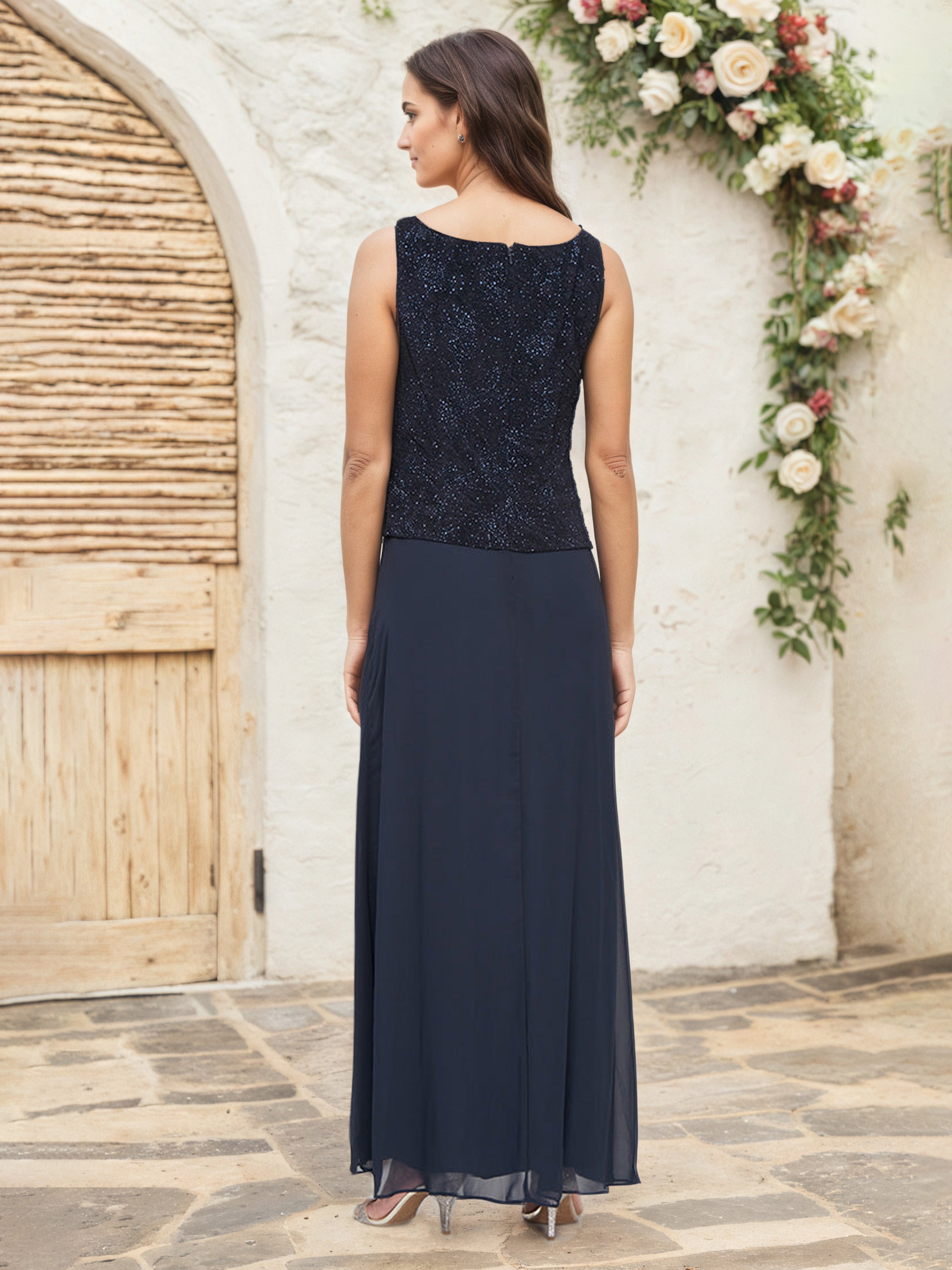 Dark Navy Chiffon Mother of the Bride Dress with Glitter Jacquard Fabric, Mandarin Neckline, and Matching Jacket