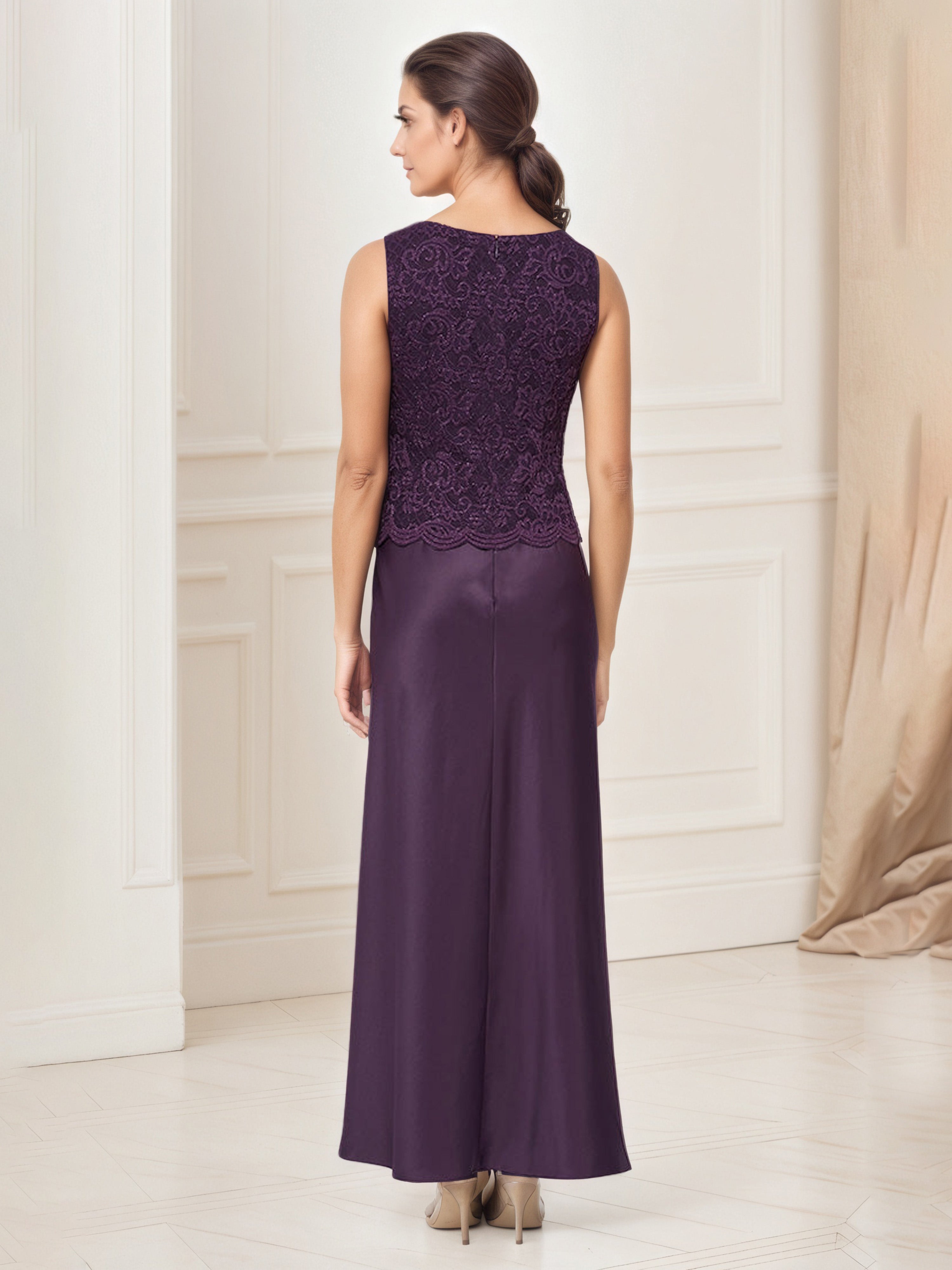 Aubergine Satin Mother of the Bride Dress with Glitter Lace Bodice and Matching Lace Jacket