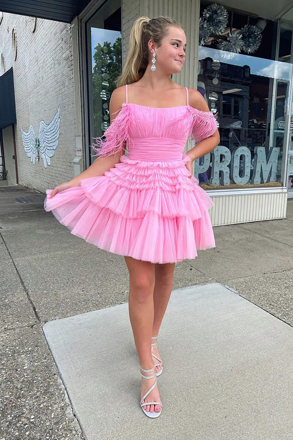 Cute Pink A Line Feather Tulle Homecoming Dresses Cute Pink A Line Feather Tulle Homecoming Dresses