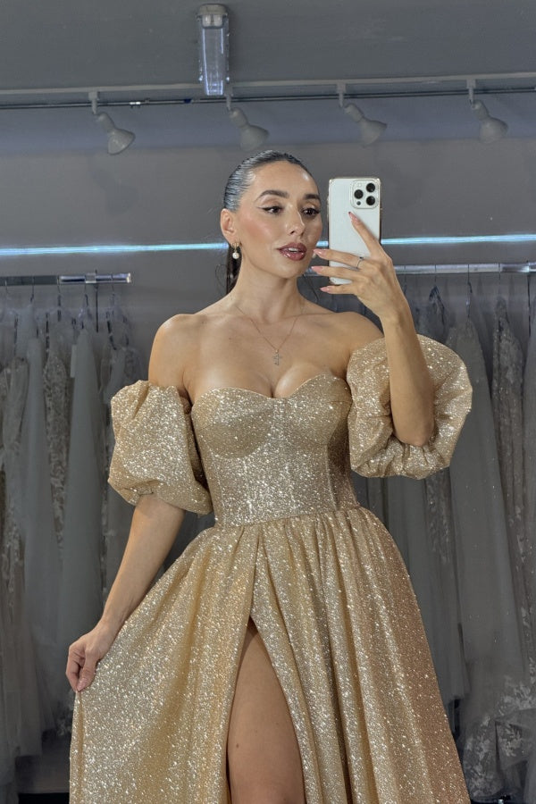 Glitter & Simple A-Line Strapless Sleeveless Evening Party Dress Glod Prom Dresses Dress High Side Slit and Train Wedding Guest Dress