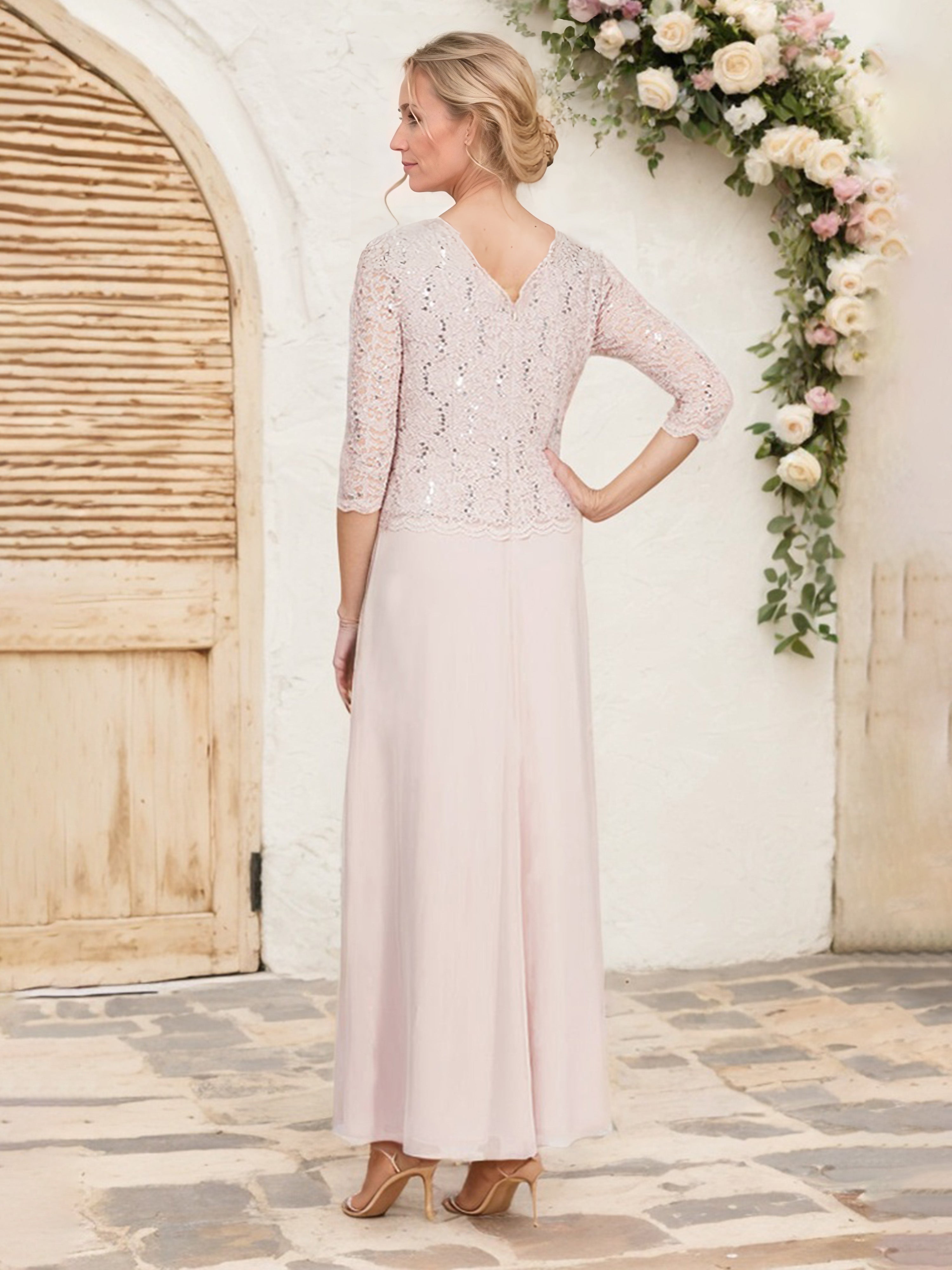 Blush Mock Two-Piece Chiffon Mother of the Bride Dress with Lace Bodice and 3/4-Length Sleeves