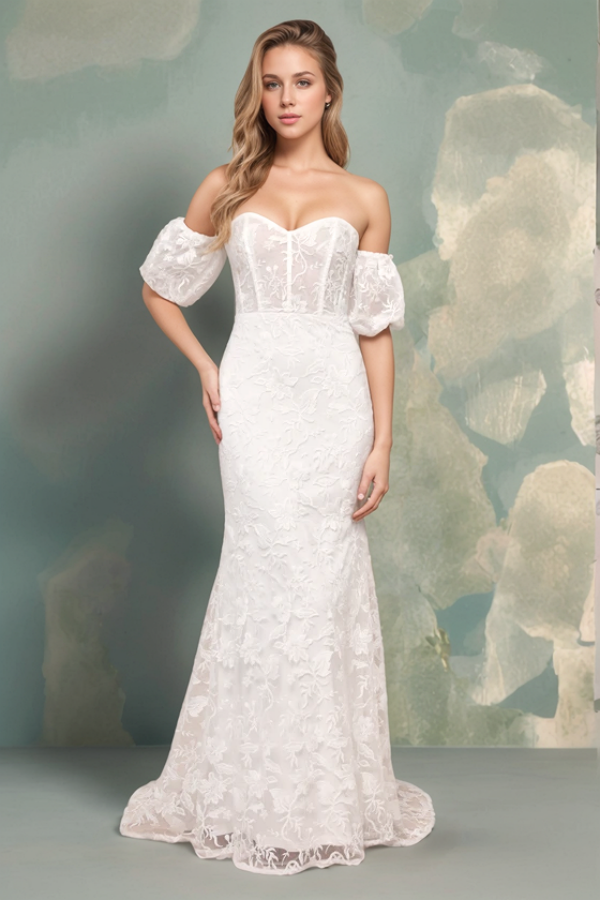Elegant Mermaid Strapless Detachable Short Lantern Sleeves Fully Appliques Back Zipper Beach Wedding Dress Bride Gown
