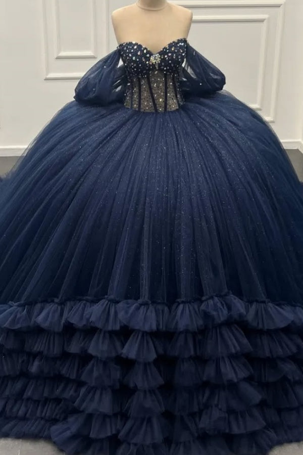 Ball Gown Off Shoulder Sleeveless Beaded Crystal Pleated Sequins Ruffles Tiered Lace Up Sparkly Dark Navy Tulle Quinceanera Dress Formal Evening Party Gown for Sweet 16