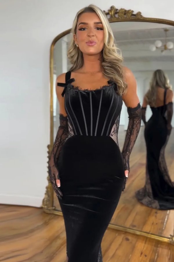 Elegant & Junoesque Mermaid Strapless Straps Sleeveless Pleated Black Velvet Lace Floor Length Prom Dresses Dress Cocktail Dress Evening Gown with Train