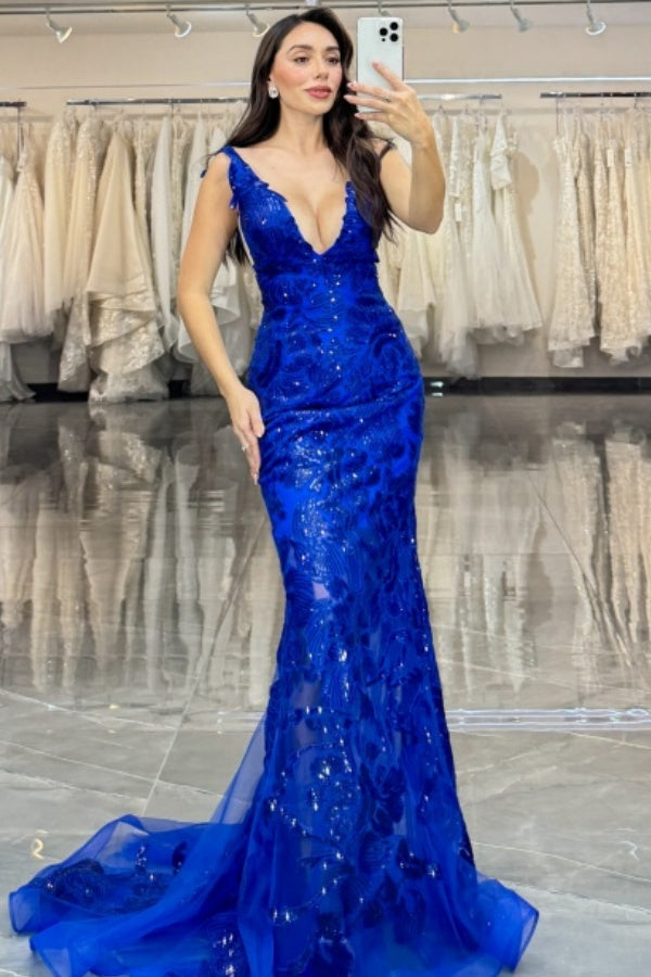 Elegant Mermaid Low V Neck Straps Sleeveless Open Back Floor Length Prom Dresses Party Dress Royal Blue Appliques Tulle Formal Evening Gown with Train