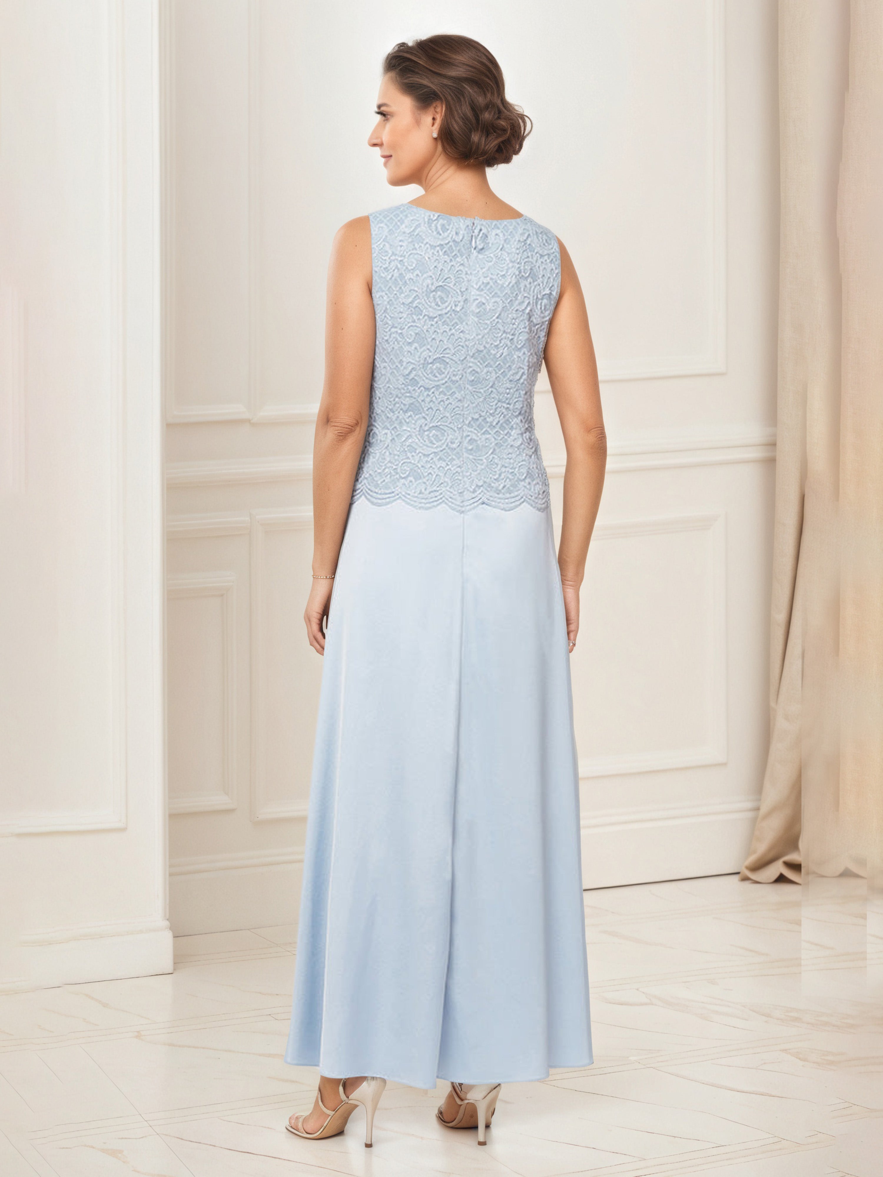 Sky Blue Satin Mother of the Bride Dress with Glitter Lace Bodice and Matching Lace Jacket