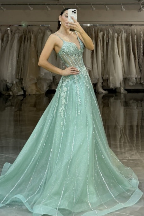 Chic & Modern A-Line Strapless Spaghetti Straps Sleeveless Appliques Beaded Floor Length Prom Dresses Dress Mint Green Tulle Evening Party Dress