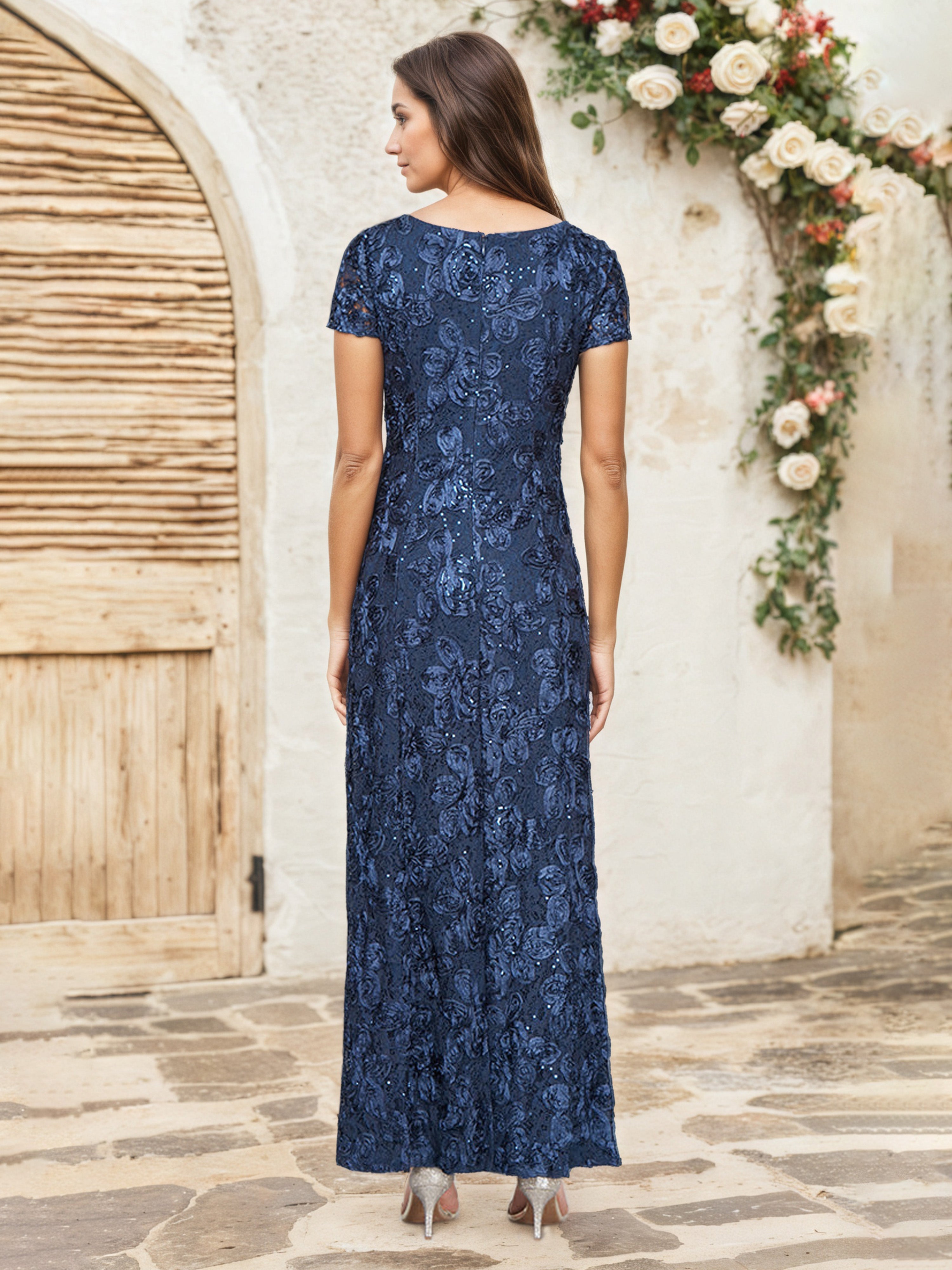 Dark Navy A-Line Maxi Mother of the Bride Dress with Short Sleeves Lace Appliques and Sequin Details