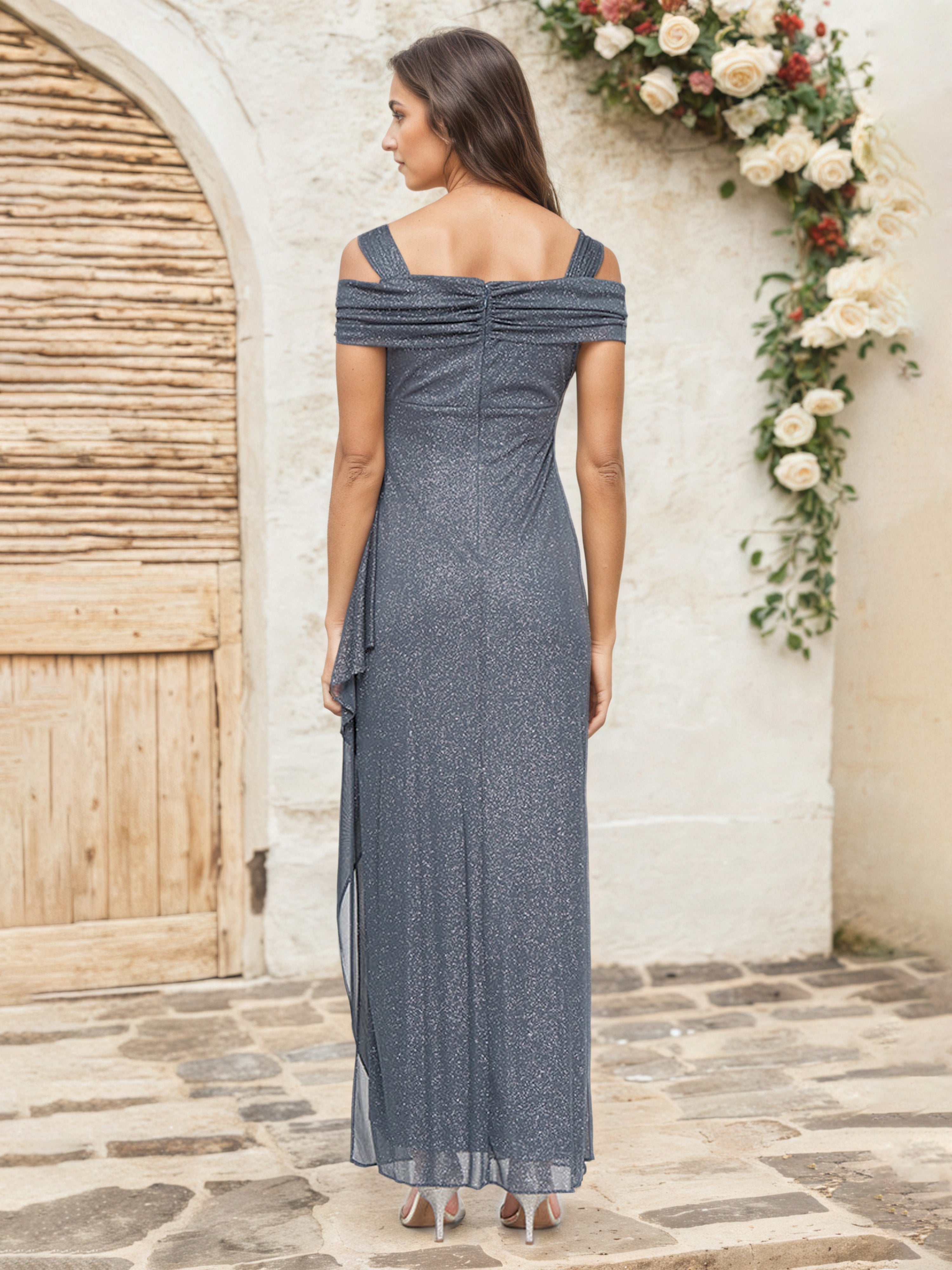 Gray Off-the-Shoulder Glitter Mother of the Bride Dress with Cowl Neckline and Ruffle Details