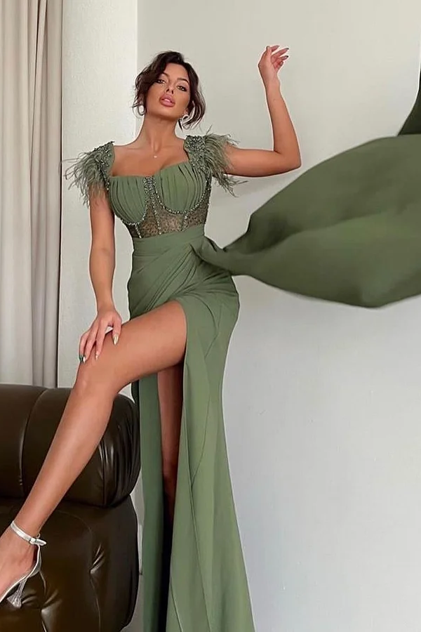 Sheath Sweetheart Neck Straps Sleeveless Pleated Beaded Sequins Feather High Side Slit and Train Floor Length Prom Dresses Dress Party Dress Evening Gown