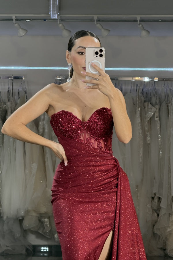 Glitter Mermaid Strapless Sleeveless Appliques Pleated Floor Length Prom Dresses Dress Burgundy Formal Party Dress Cocktail Gown