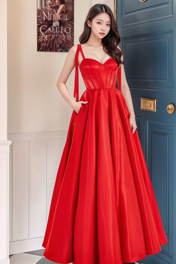 Simple A-Line Swetheart Neck Straps Sleeveless Red Satin Prom Dresses Party Dress Evening Formal Gown Wedding Guest Dress