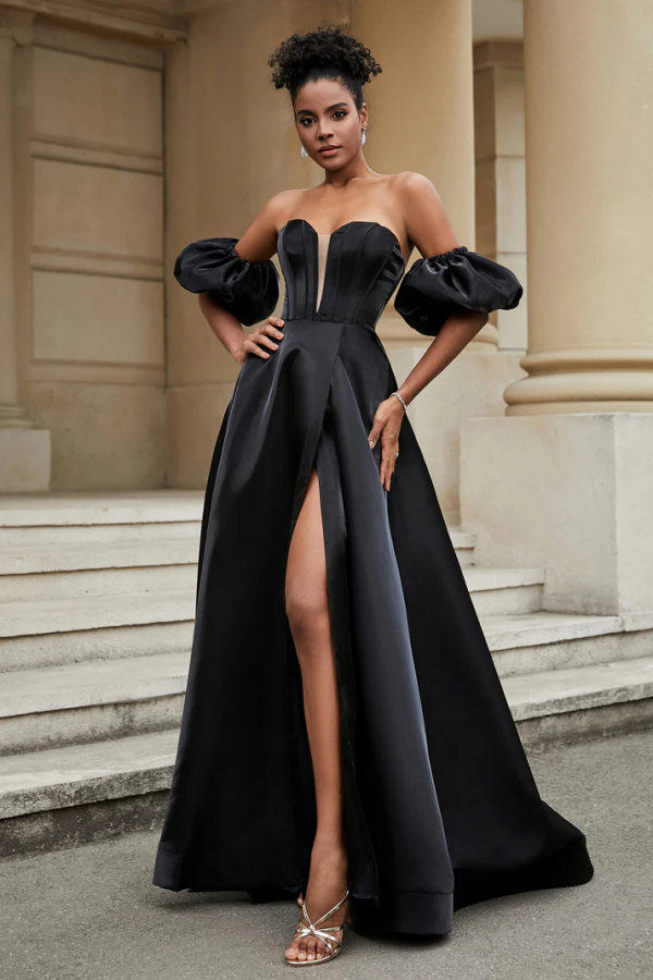 Elegant A-Line Strapless Detachable Half Lantern Sleeves High Side Slit Floor Length Prom Dresses Dress Party Dress Cocktail Gown