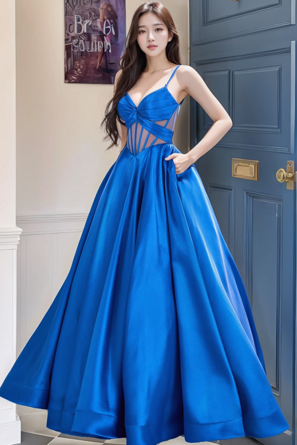 Elegant A-Line V Neck Spaghetti Straps Sleeveless Pleated Prom Dresses Party Dress Floor Length Back Zipper Blue Satin Evening Formal Gown Wedding Guest Dress