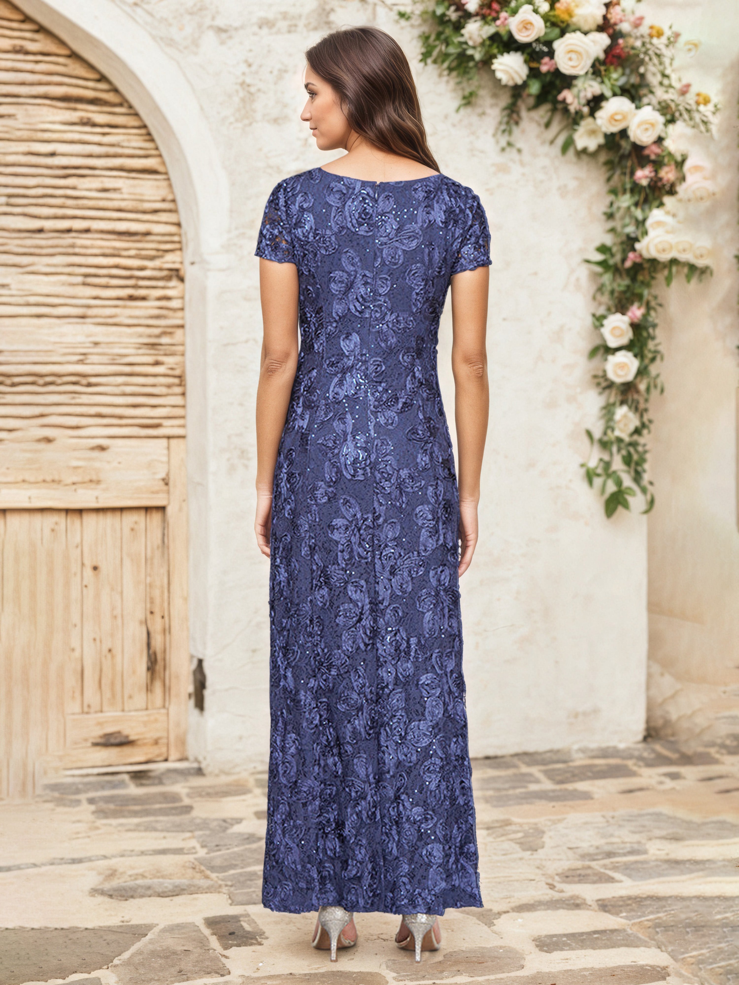 Stormy A-Line Maxi Mother of the Bride Dress with Short Sleeves Lace Appliques and Sequin Details