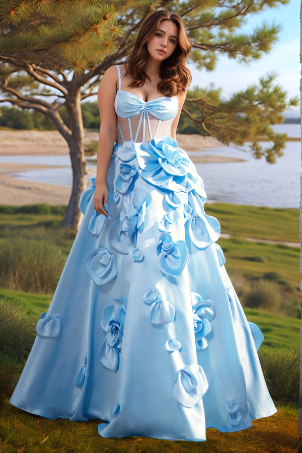Chic & Modern A-Line Sweetheart Neck Spaghetti Straps Sleeveless 3D Flowers Prom Dresses Party Dress Formal Party Gown