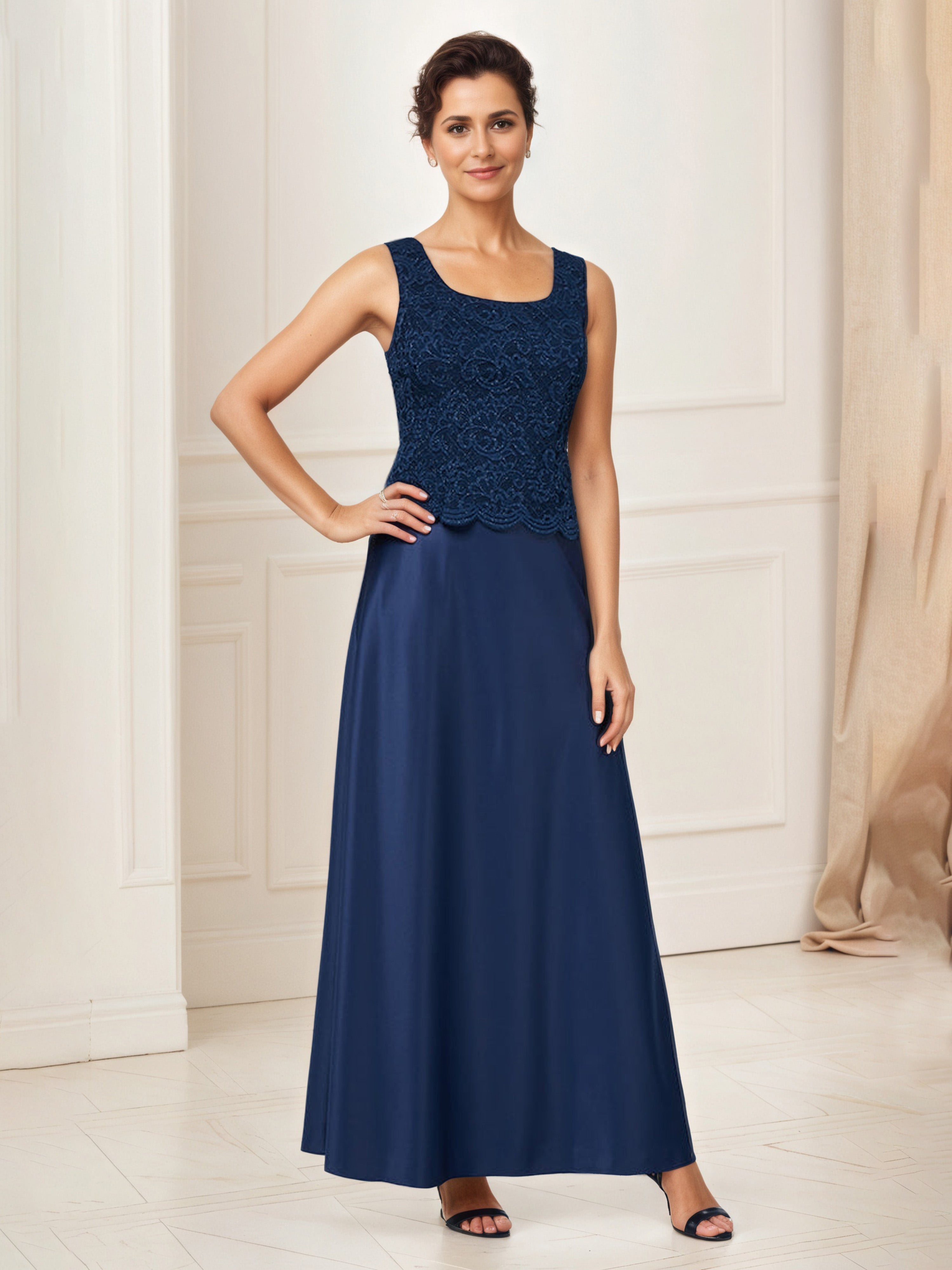 Dark Navy Satin Mother of the Bride Dress with Glitter Lace Bodice and Matching Lace Jacket