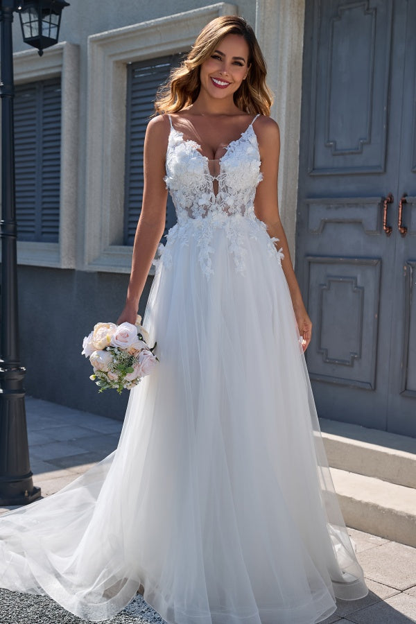 Elegant A-Line V Neck Spaghetti Straps Sleeveless Tulle Wedding Dress Appliques V Back Floor Length Bridal Gown